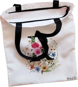 Sacosa de Panza pentru Cumparaturi, Geanta Tote, Cu litera R in Coronita Florala, Cu fermoar, 38x34.5 cm, Alba, BEKZ®