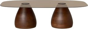 Măsuță de cafea din sticlă și lemn de mango, fumuriu și maro, cu blat dreptunghiular rotunjit și 2 baze bombate, 38 x 140 x 80 cm, „Ganache”