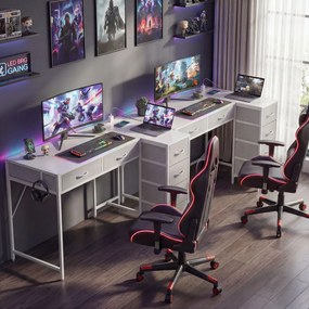 HOMCOM Birou de Colț Reversibil cu Prize și Porturi USB, 126x48 cm, Birou în Formă de L cu 6 Sertare din Material Textil, Cârlig Lateral, pentru Computer, Birou, Cameră, Alb | Aosom Romania
