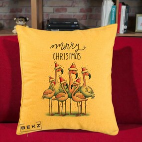 Perna Decorativa Flamingo Merry Christmas, 40x40 cm, Galben, Husa Detasabila, Perna Inclusa, BEKZ®