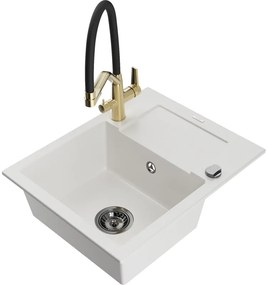Mexen Enzo chiuvetă de granit cu un compartiment, cu picurător și baterie de bucătărie Duo, Albă - 6506-20-671701-57-B