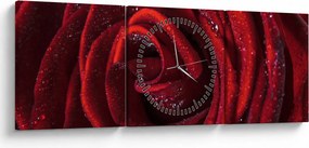 Tablou - Trandafir roșu cu picături de rouă (cu ceas) (90x30 cm)