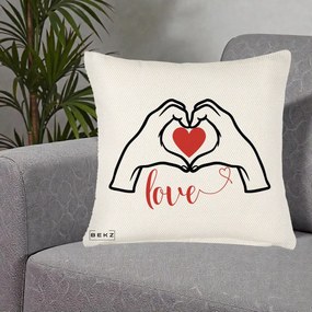 Perna Decorativa Love Maini Inima cu Inscriptie Love Rosu, 40x40 cm, Crem Reliefat, Husa Detasabila, Perna Inclusa, BEKZ®