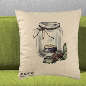 Perna Decorativa Felinar cu Lumanare si Conuri, 40x40 cm, Bej, Husa Detasabila, Perna Inclusa, BEKZ®