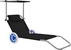 vidaXL Șezlong pliabil cu baldachin și roți, negru, oțel