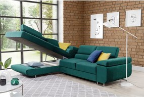 Colțar verde extensibil/cu spațiu de depozitare cu tapițerie din catifea (cu colț pe partea stângă/în formă de ”L”) Anton – ELTAP