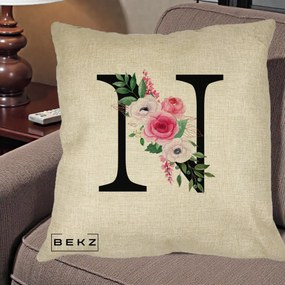Cadou Personalizat - Perna Personalizata Monograma Florala Litera N, 40x40 cm, Crem, Husa Detasabila, Perna Inclusa, BEKZ®