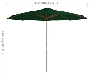 Umbrela de soare de exterior, stalp din lemn, verde, 350 cm Verde