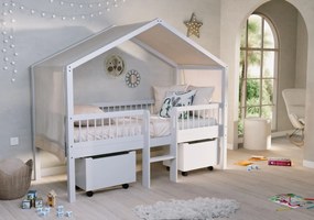 Pat Casă Înălțat Forrest Beech 90x200 cm, pentru Camera Copii, din Lemn de Fag Lăcuit Alb, cu Scară, Sertare și Set Textil – Vipack