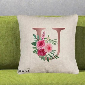 Cadou Personalizat - Perna Personalizata Monograma Rose Gold Litera U, 40x40 cm, Bej Canapea, Husa Detasabila, Perna Inclusa, BEKZ®