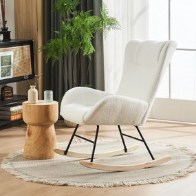 Fotoliu balansoar de relaxare cu spătar ergonomic și brațe, din catifea Teddy confortabilă, Alb