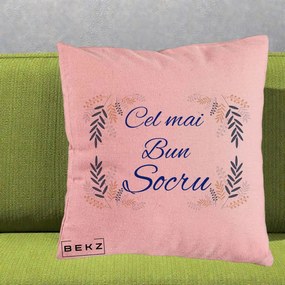 Cadou pentru Socru - Perna Personalizata Cel mai Bun Socru cu Ramuri Frunze Albastre si Aurii, 40x40 cm, Roz, Husa Detasabila, Perna Inclusa, BEKZ®