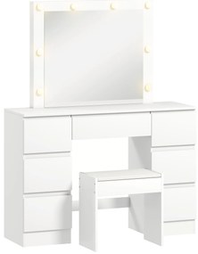 HOMCOM Masă de Machiaj cu Oglindă, 8 Lumini LED, Scaun și 7 Sertare Alb | Aosom Romania