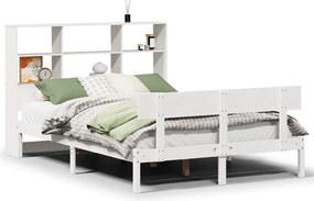 vidaXL Pat cu bibliotecă fără saltea, alb, 160x200 cm, lemn masiv pin