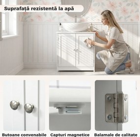 Kleankin Dulap Sub Chiuvetă cu 2 Uși și Raft Reglabil, Dulap de Baie Spațios cu Decupaj în Formă de U, 60x30x60 cm, Alb | Aosom Romania