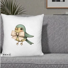 Perna Decorativa Pasare Teal cu Fundita cu Buline, 40x40 cm, Alb Pufos, Husa Detasabila, Perna Inclusa, BEKZ®