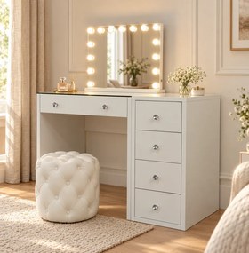 Set GLORIA – Masă de Toaletă pentru Machiaj, Oglindă Iluminată, Becuri LED, Comodă, Taburet, Alb