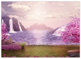 Tablou cu pomi roz cu lac (70x50 cm)