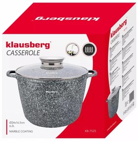 Oală cu capac 24 cm, 6.2L – Klausberg KB 7525, gri, strat antiaderent cu marmură, curățare ușoară și design modern