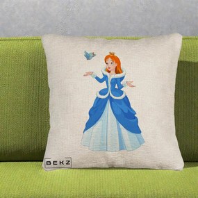Perna Personalizata Printesa Albastra cu Pasare, 40x40 cm, Bej Canapea, Husa Detasabila, Perna Inclusa, BEKZ®