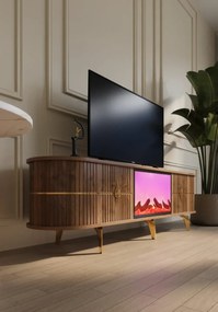 RESIGILAT- Comoda TV cu șemineu electric și riflaje, boxe Bluethooth, telecomandă, Lemn/Auriu, 180x40x50cm