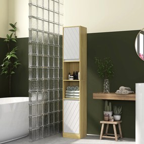 HOMCOM Dulap Baie Înalt Spațios, Mobilier de Baie cu 2 Dulapuri și Rafturi Reglabile, 30x24x170 cm, Lemn Natural | Aosom Romania