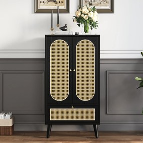 Comodă compactă, design din ratan, 2 uși, 1 sertar, 60×40×110,5 cm, Negru