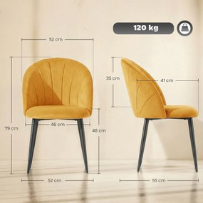 HOMCOM Set 2 Scaune pentru Sufragerie din Catifea, Scaune de Bucătărie cu Spătar Curbat în Formă de Scoică, Picioare din Oțel, Stil Nordic, Scaun Tapițat pentru Bucătărie, Dormitor, Living, Galben | Aosom Romania