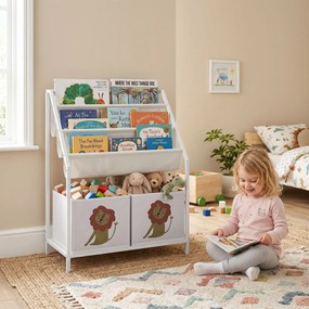 AIYAPLAY Bibliotecă Montessori pentru Copii 3-8 Ani cu 4 Rafturi și 2 Cutii cu Imprimeu Leu, Alb | Aosom Romania
