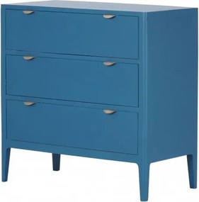 Comodă cu 3 sertare mid century, din lemn de pin, albastru, cu picioare de lemn și mânere metalice semirotunde, 90 x 90 x 45 cm, „Ernest”