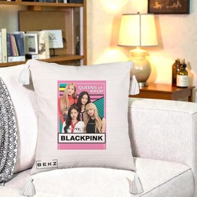 Perna Personalizata BLACKPINK Queens of Kpop, 40x40 cm, Bej cu Franjuri, Husa Detasabila, Perna Inclusa, BEKZ®