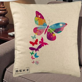 Perna Decorativa Fluturi Splash, 40x40 cm, Bej, Husa Detasabila, Perna Inclusa, BEKZ®