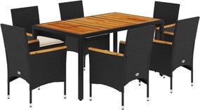 vidaXL Set mobilier grădină perne 7 piese negru poliratan/lemn acacia