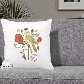 Perna Decorativa Pasare pe Ramura cu Maci, 40x40 cm, Alba Mata, Husa Detasabila, Perna Inclusa, BEKZ®