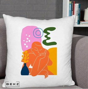 Perna Decorativa Femeie Meditand Abstract, 40x40 cm, Alb Pufos, Husa Detasabila, Perna Inclusa, BEKZ®