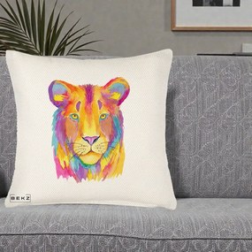 Perna Decorativa Leu Acuarela Curcubeu, 40x40 cm, Crem Reliefat, Husa Detasabila, Perna Inclusa, BEKZ®