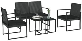 Outsunny Set Mobilier de Grădină din Ratan PP 5 Piese, Canapea cu Perne, Set Canapea pentru Exterior, Negru | Aosom Romania