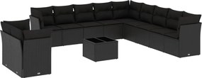 vidaXL Set canapele de grădină, 12 piese, cu perne, negru, poliratan