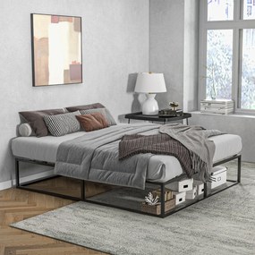 HOMCOM Cadru de Pat de 35cm cu Platforma Dubla din Otel, Cadru 190x160cm, cu Suport cu Lamele de Placaj si Depozitare sub Pat, Negru | Aosom Romania
