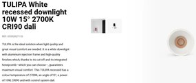 Spot LED incastrabil TULIPA White recessed downlight 10W 15° 2700K CRI90 dali