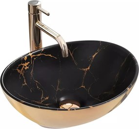 Lavoar pe blat Rea Sofia oval finisaj negru marmura - auriu lucios 41 cm
