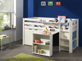 Set pat supraetajat copii PINO alb cu birou, bibliotecă, comodă și raft lateral – Vipack