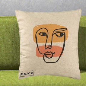 Perna Decorativa Portret Abstract Line Art Portocaliu, 40x40 cm, Bej, Husa Detasabila, Perna Inclusa, BEKZ®