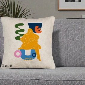 Perna Decorativa Femeie Relaxata Abstract, 40x40 cm, Bej Canapea, Husa Detasabila, Perna Inclusa, BEKZ®