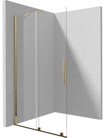 Set paravan dus walk-in cu usa glisanta, 90x195 cm, auriu lucios, Deante Prizma, rigola cu capac faiantabil reversibil din otel si coloana de dus crom
