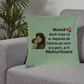 Cadou pentru Mama - Perna Personalizata Mama Nemuritoare cu Bebelus Lineart, 40x40 cm, Verde, Husa Detasabila, Perna Inclusa, BEKZ®