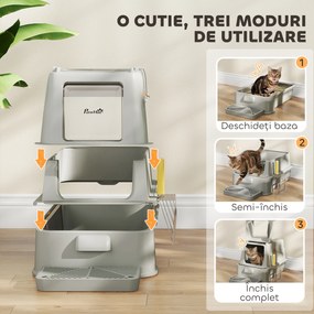 PawHut Litieră închisă pentru pisici de 80L cu tavă detașabilă, din ABS și oțel inoxidabil, 63x43x43 cm, gri deschis | Aosom Romania