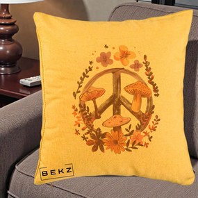 Perna Decorativa Peace Sign Ciuperci Floral, 40x40 cm, Galben, Husa Detasabila, Perna Inclusa, BEKZ®