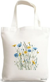Sacosa de Panza pentru Cumparaturi, Geanta Tote, model Flowers 8 38 x 34.5 cm, Alba, BEKZ®