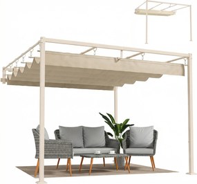Outsunny Pergolă de perete pentru grădină 3x3 m cu acoperiș retractabil, protecție UPF30+, drenaj, pavilion de grădină pentru exterior, bej | Aosom Romania